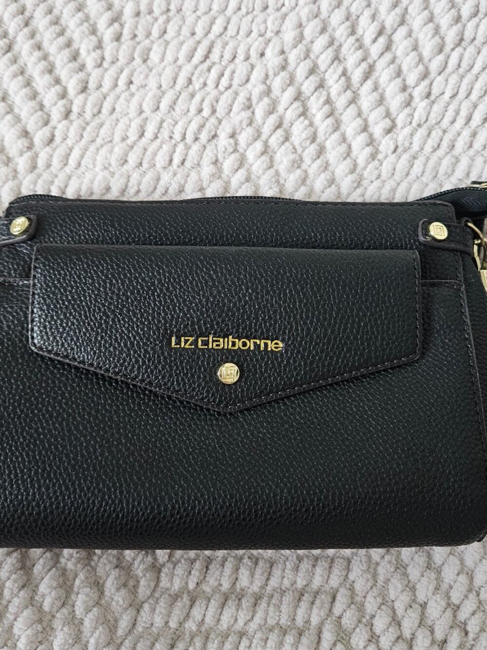 Liz Claiborne Black Pebbled Leather Wristlet Bag Gold Hardware